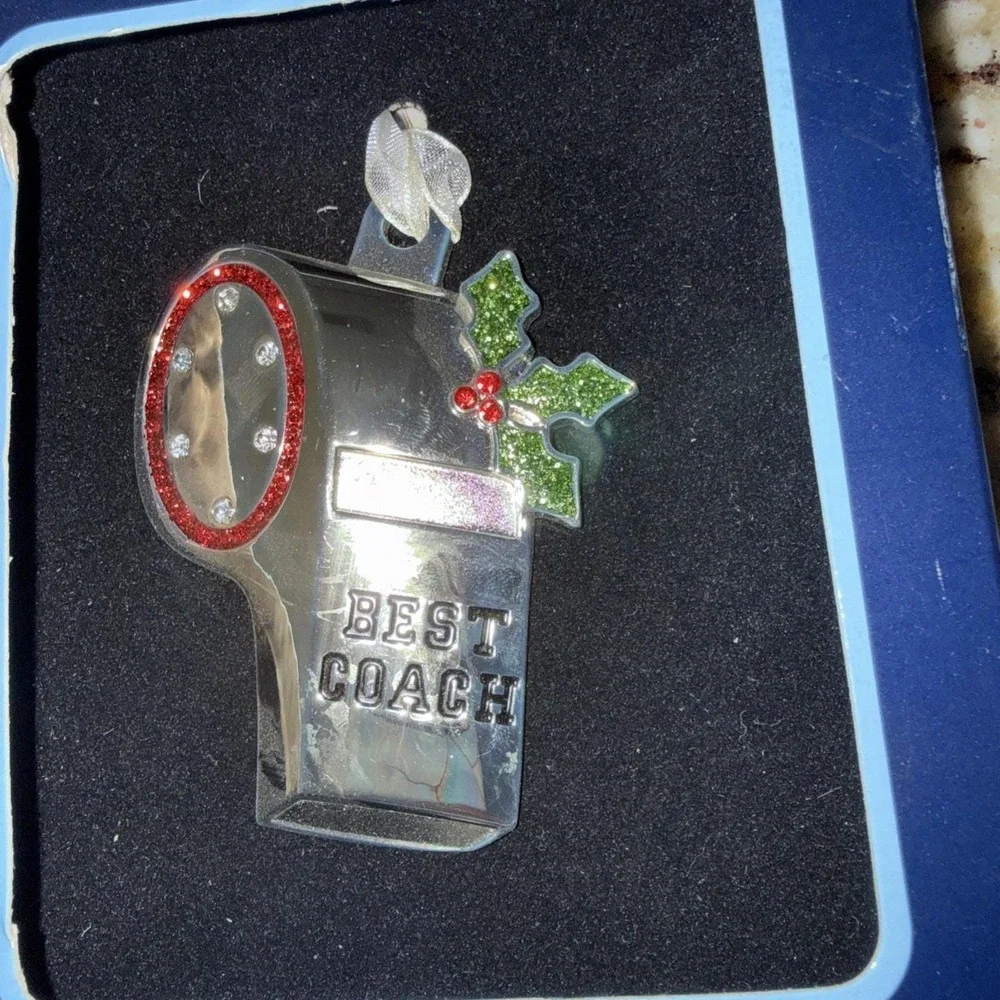 Coach whistle Red White Europe Crystals  Christmas ornament New In Box.‎ 5558